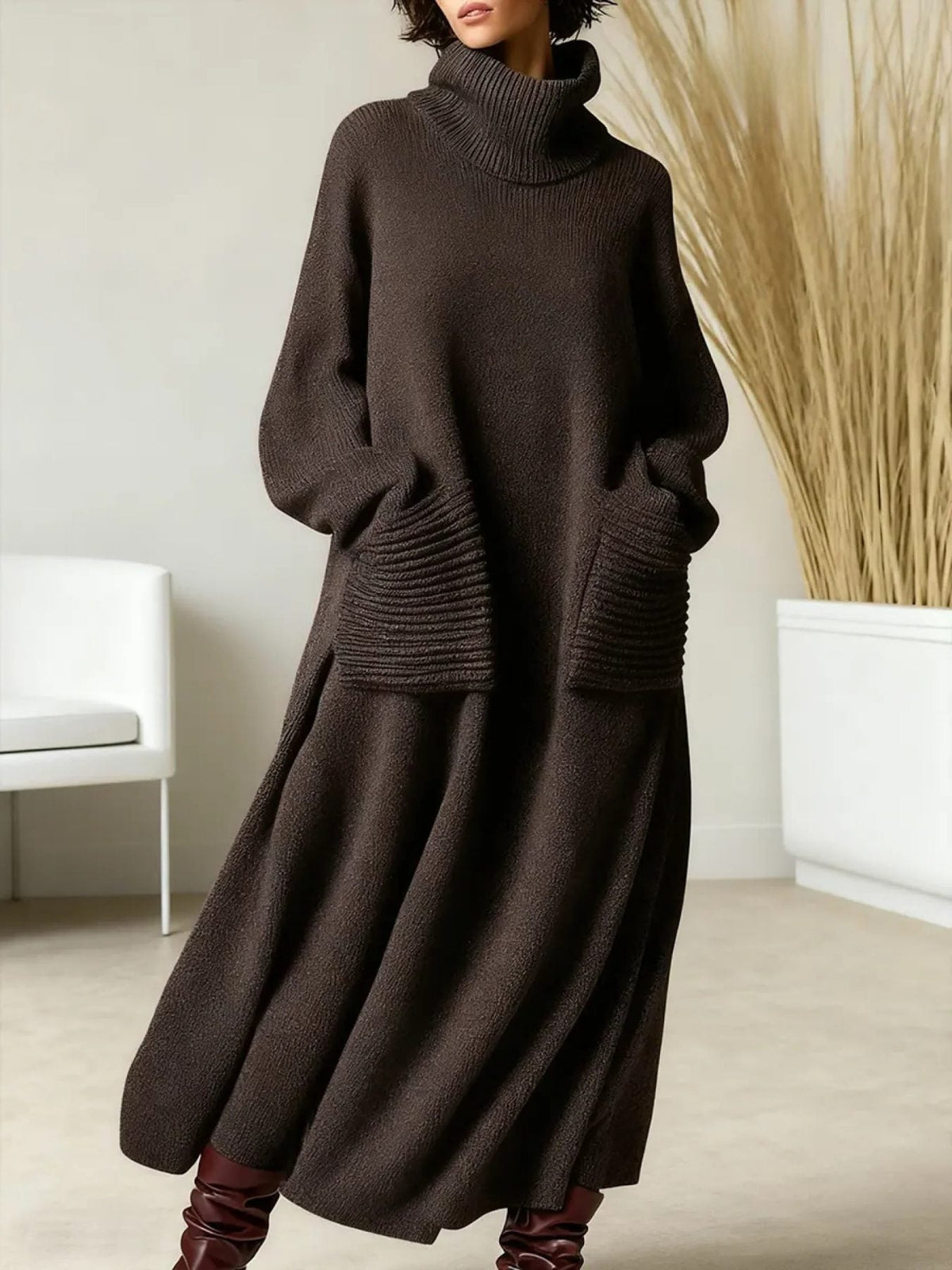Vulfgarde Ribbed Knit Oversized Maxi Dress, Roll Neck