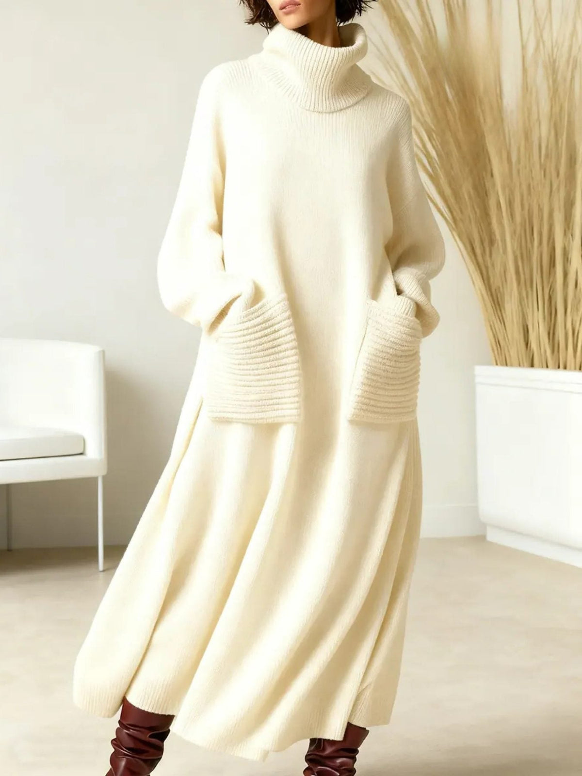 Vulfgarde Ribbed Knit Oversized Maxi Dress, Roll Neck