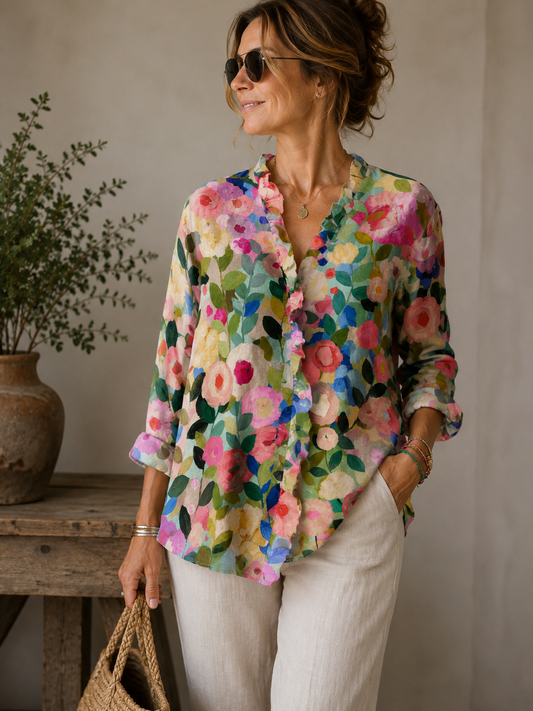 Aalisette Floral Linen Button-Down Blouse