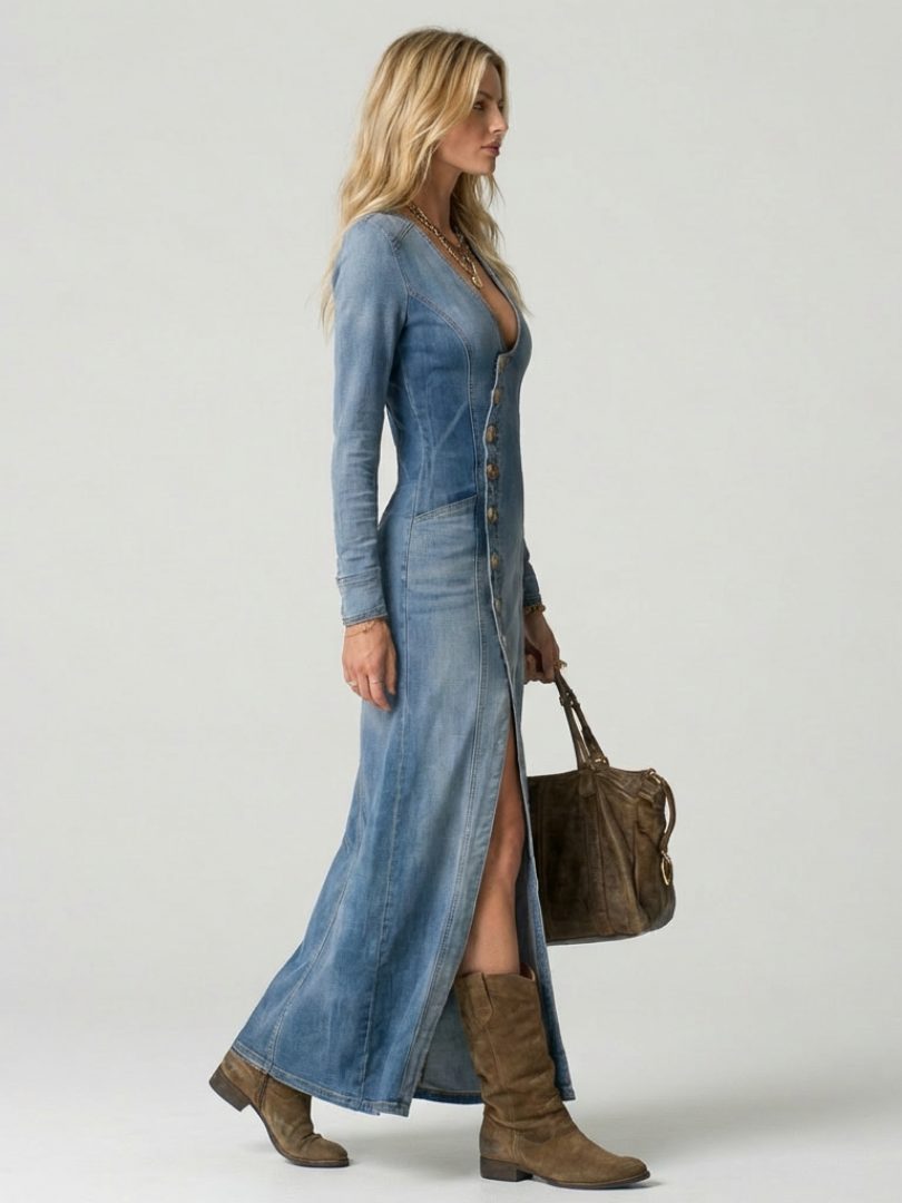 Ragenilde Denim Maxi Dress with Button-Front