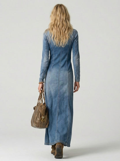 Ragenilde Denim Maxi Dress with Button-Front