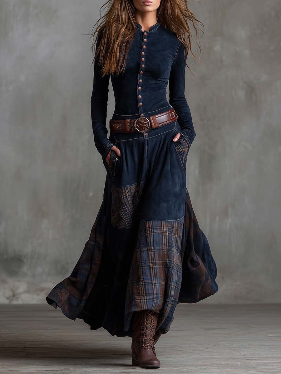 Colombine Patchwork Maxi Dress for Autumn, Belted Waist