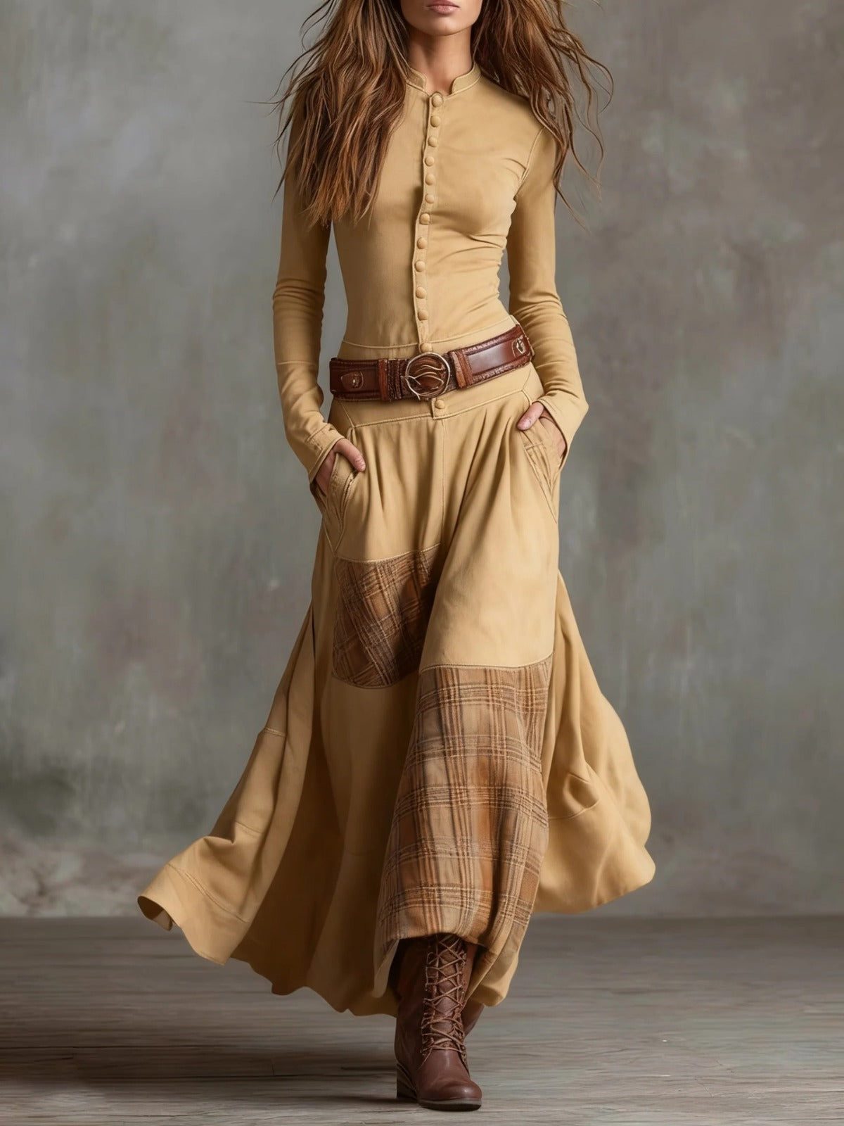 Colombine Patchwork Maxi Dress for Autumn, Belted Waist