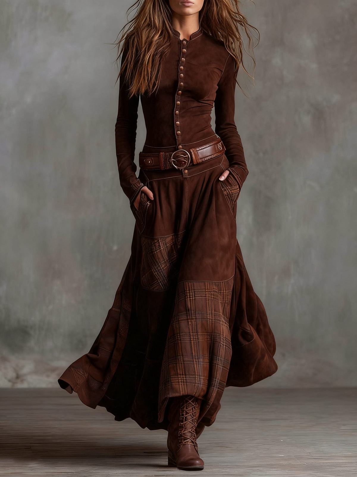 Colombine Patchwork Maxi Dress for Autumn, Belted Waist