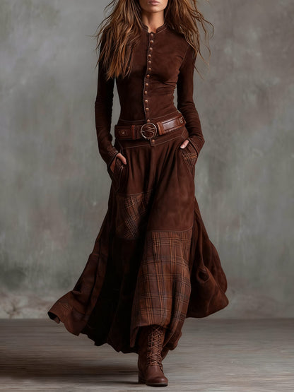 Colombine Patchwork Maxi Dress for Autumn, Belted Waist