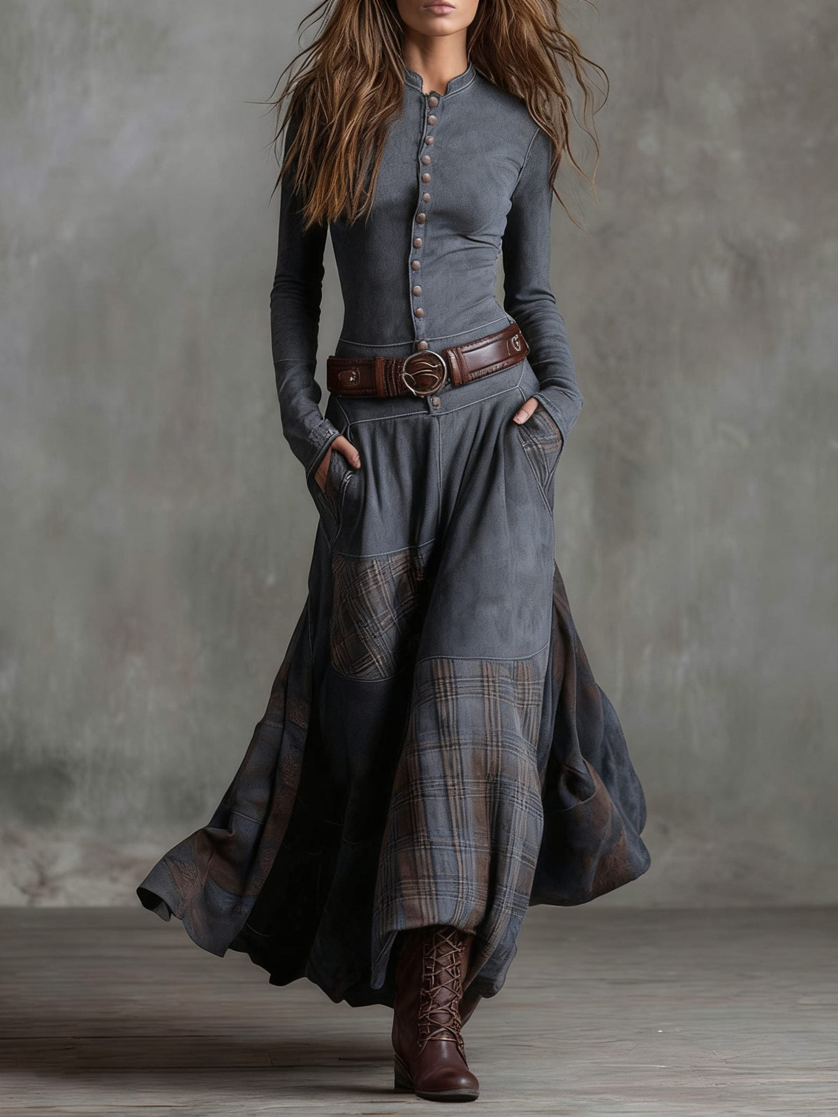 Colombine Patchwork Maxi Dress for Autumn, Belted Waist