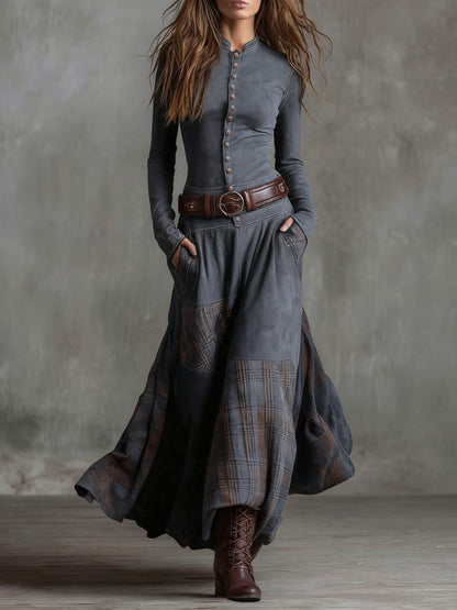 Colombine Patchwork Maxi Dress for Autumn, Belted Waist