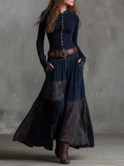 Colombine Patchwork Maxi Dress for Autumn, Belted Waist