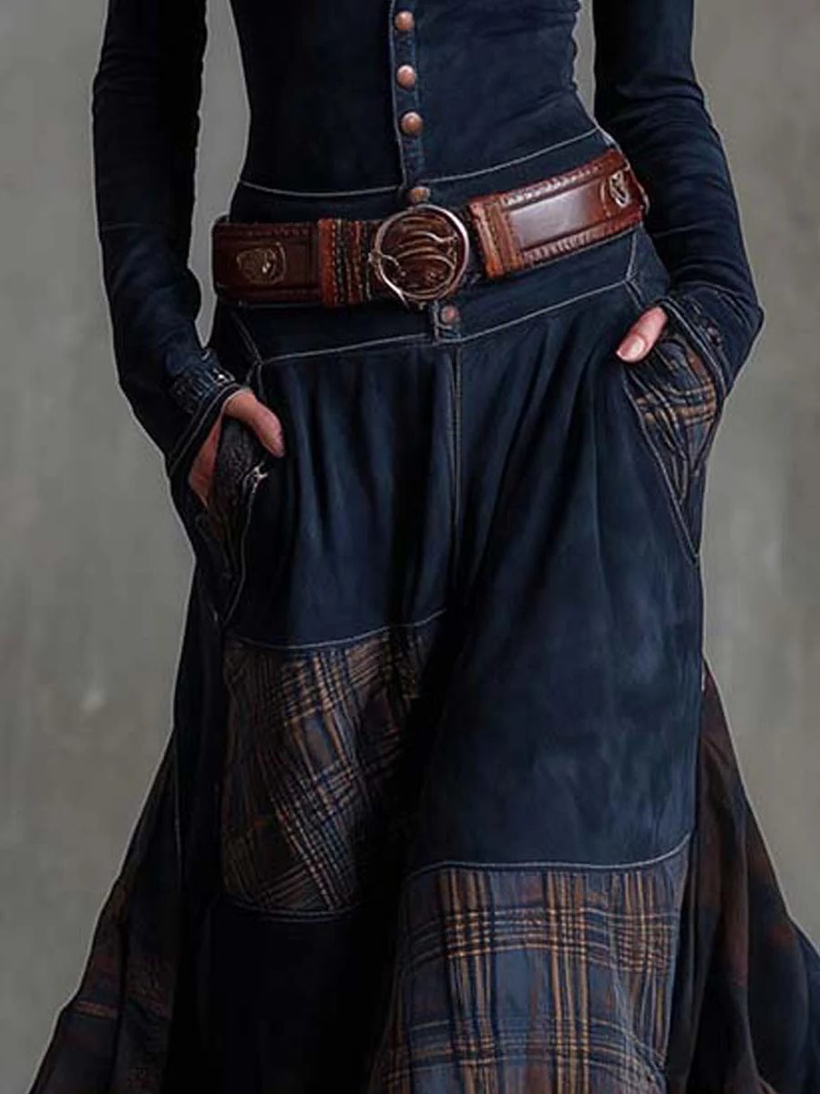 Colombine Patchwork Maxi Dress for Autumn, Belted Waist