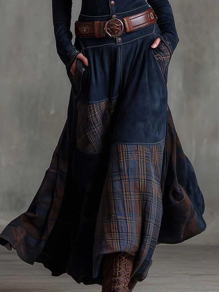 Colombine Patchwork Maxi Dress for Autumn, Belted Waist