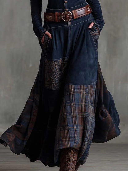 Colombine Patchwork Maxi Dress for Autumn, Belted Waist