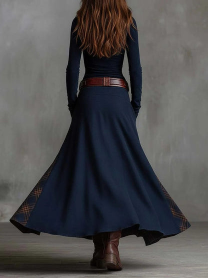 Colombine Patchwork Maxi Dress for Autumn, Belted Waist