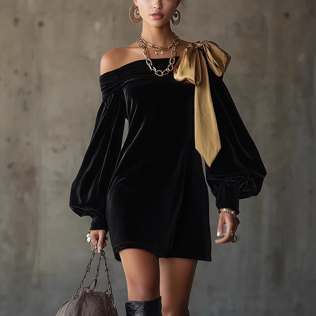 Eglentyne Velvet Off-Shoulder Mini Dress, Puff Sleeves