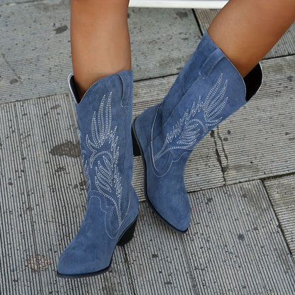 Milesende Embroidered Mid-Calf Cowboy Boots in Navy