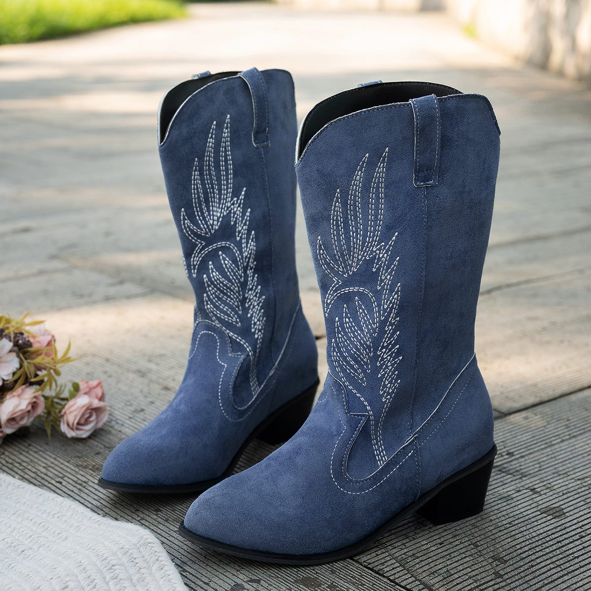 Milesende Embroidered Mid-Calf Cowboy Boots in Navy