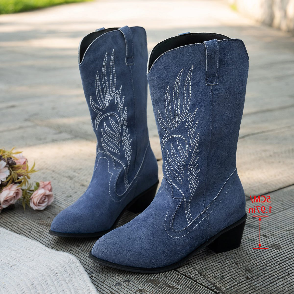 Milesende Embroidered Mid-Calf Cowboy Boots in Navy