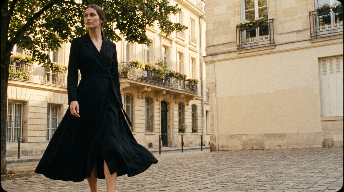 Avrelune black wrap midi dress on a sunlit European street