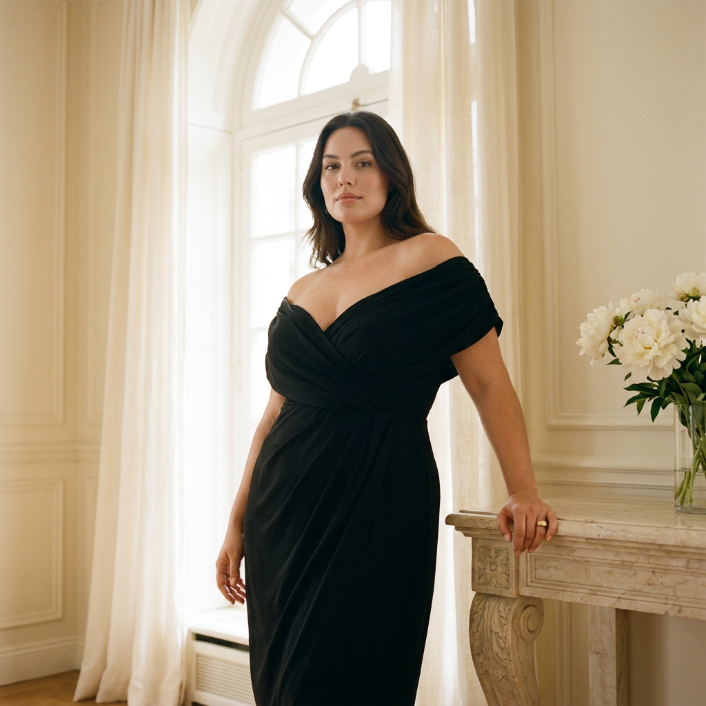 Avrelune black off-shoulder wrap midi dress in a sunlit room