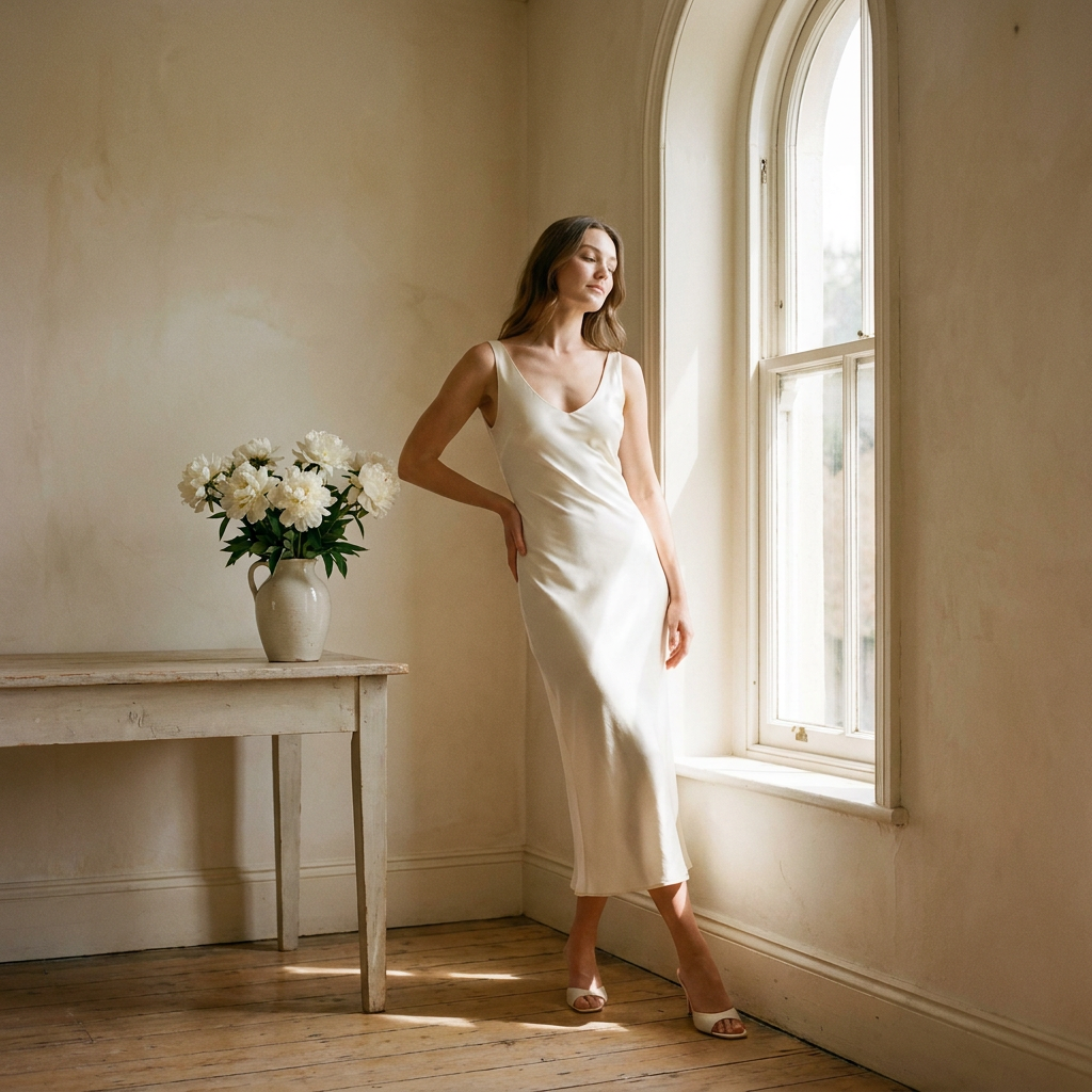 Avrelune ivory satin slip midi dress beside a sunlit window