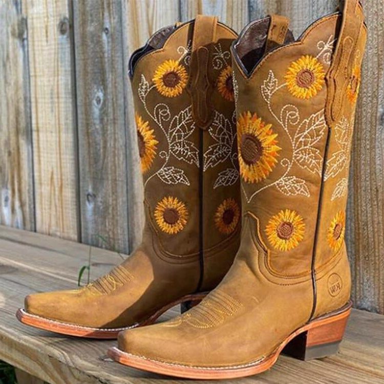 Petronilla Sunflower Cowboy Boots, Square Toe