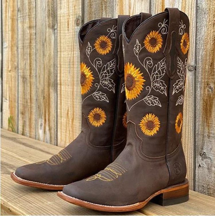 Petronilla Sunflower Cowboy Boots, Square Toe