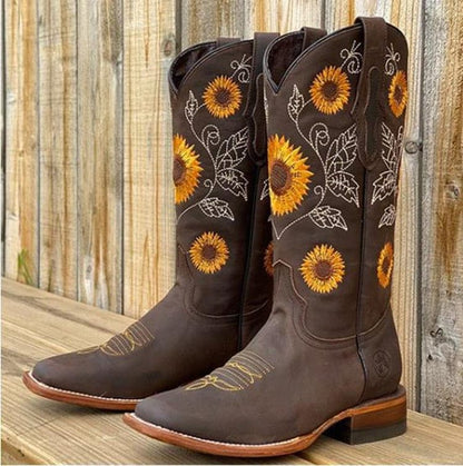 Petronilla Sunflower Cowboy Boots, Square Toe