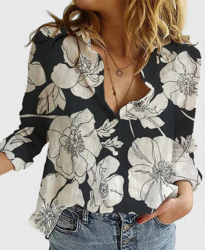 Harper | Lapel Collar Linen Button-Down Shirt for Women