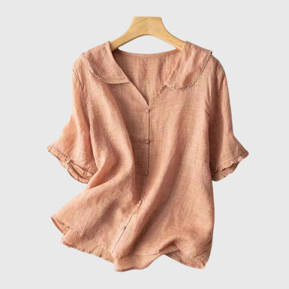 Waudru Peter Pan Collar Button-Down Blouse