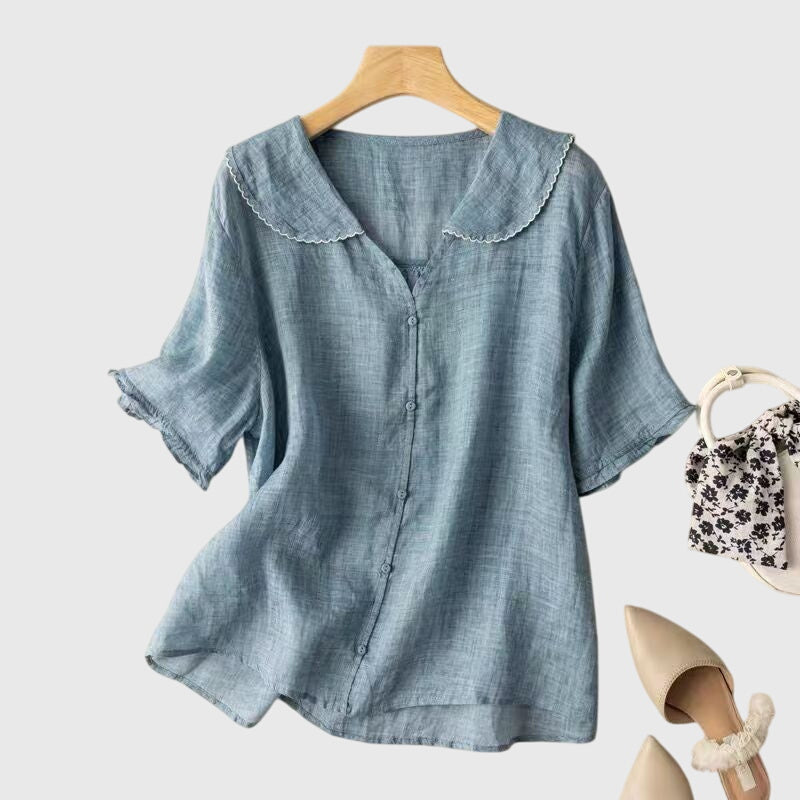 Waudru Peter Pan Collar Button-Down Blouse