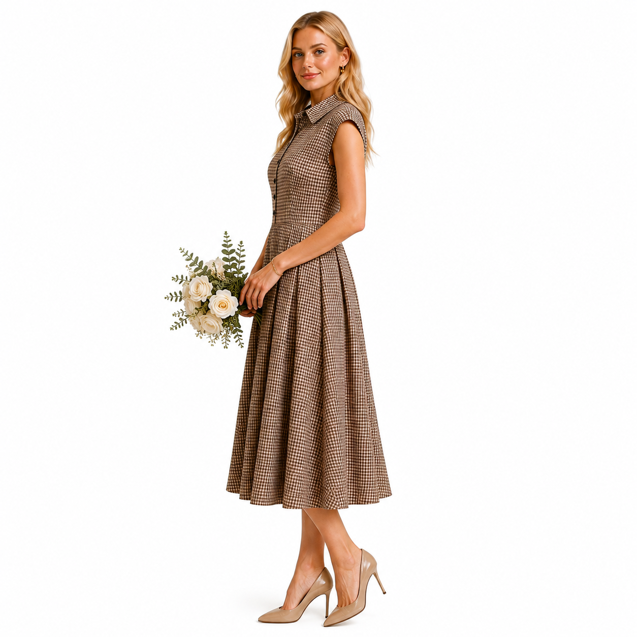 Eloise Plaid Button Pleated Midi Dress