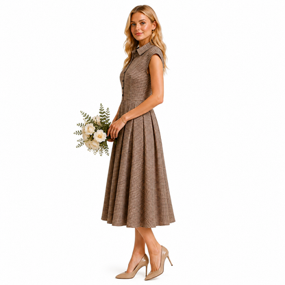 Eloise Plaid Button Pleated Midi Dress