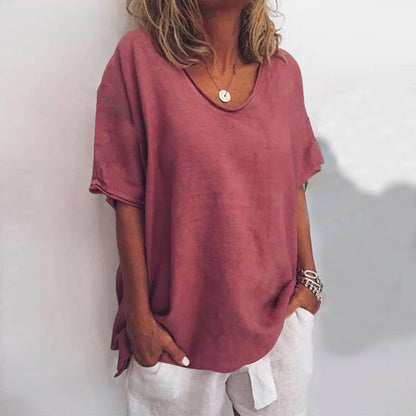 Amira Loose Blouse with V-Neck and Short Sleeves