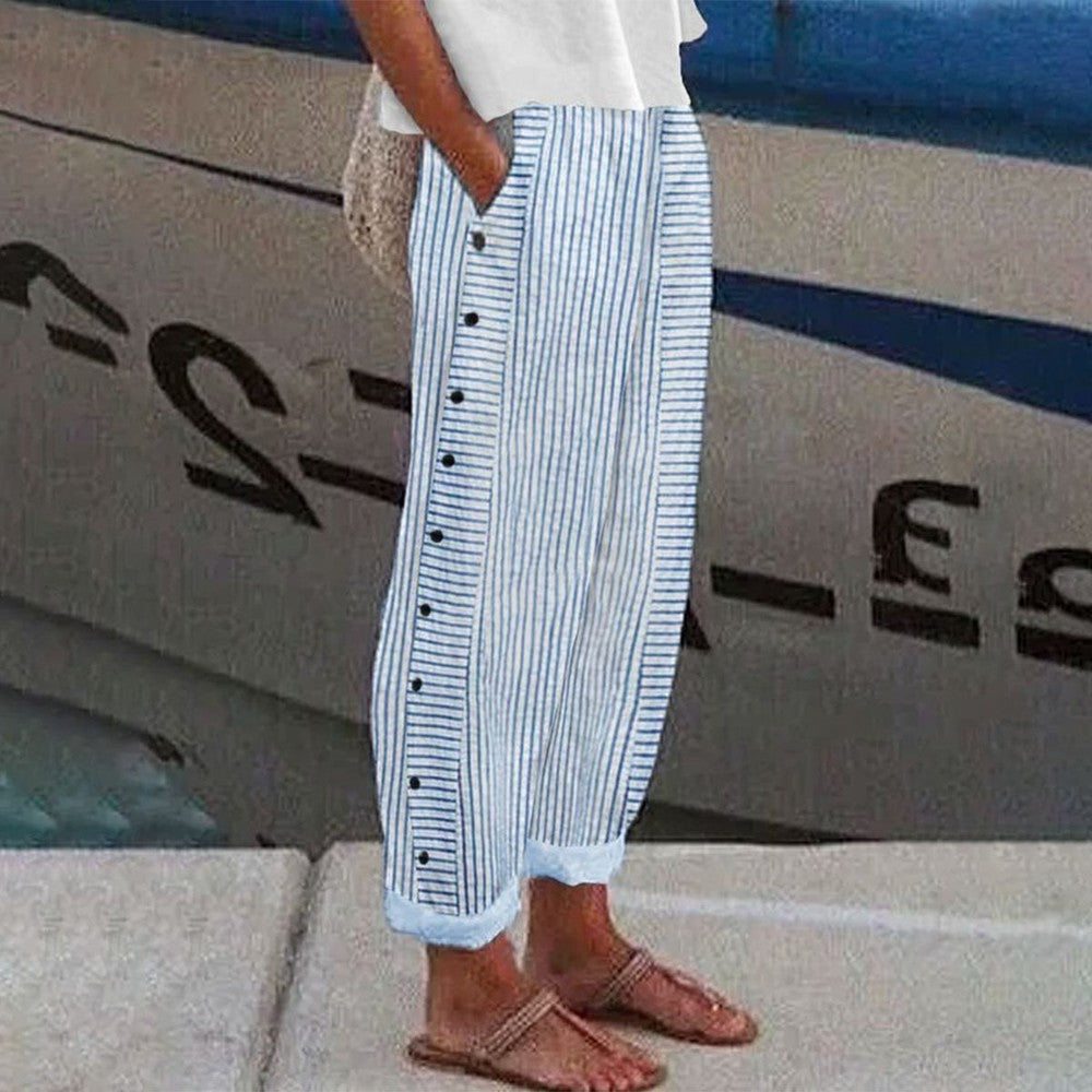 Sachiko Striped Wide Leg Pants with Button Front
