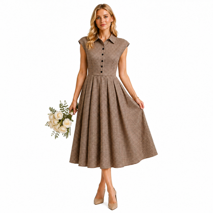 Eloise Plaid Button Pleated Midi Dress