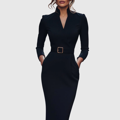 Onenn Belted V-Neck Long Sleeve Midi Dress