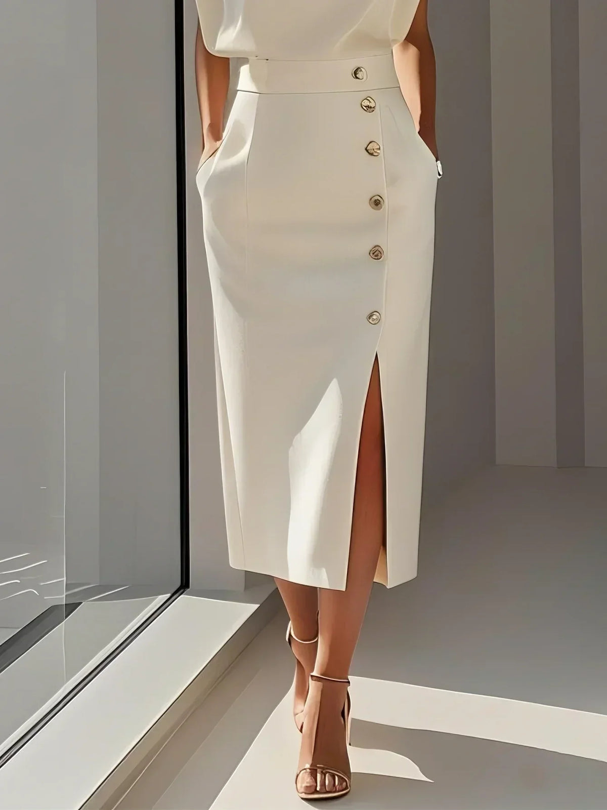 Makeda Sleeveless Midi Dress with Button Front