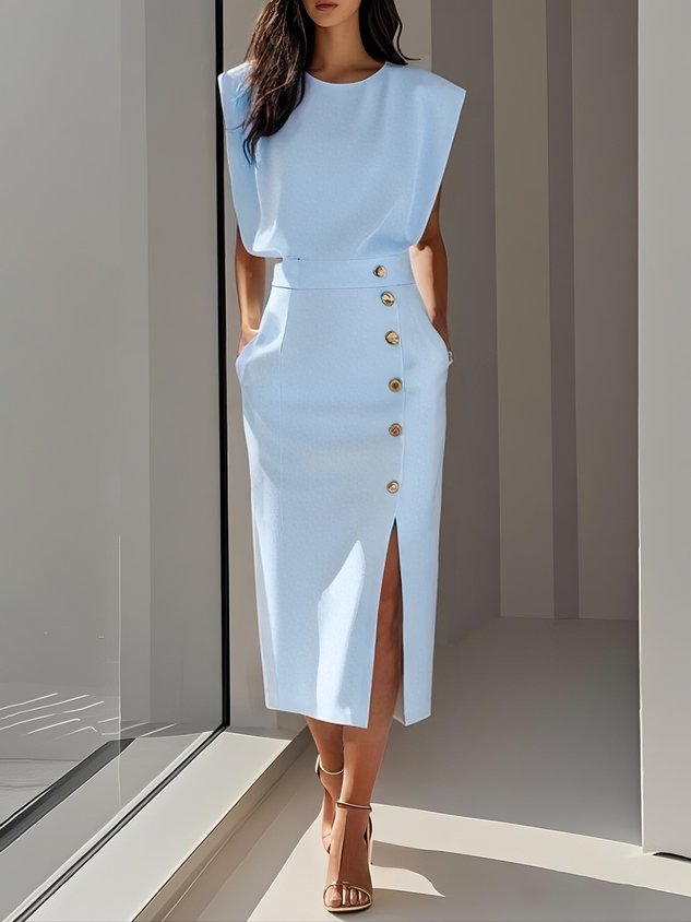 Makeda Sleeveless Midi Dress with Button Front