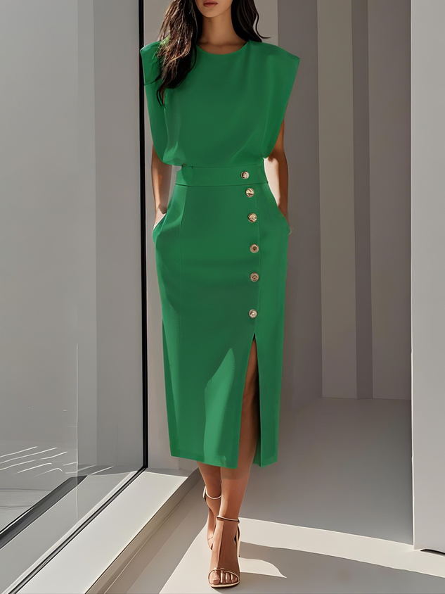 Makeda Sleeveless Midi Dress with Button Front