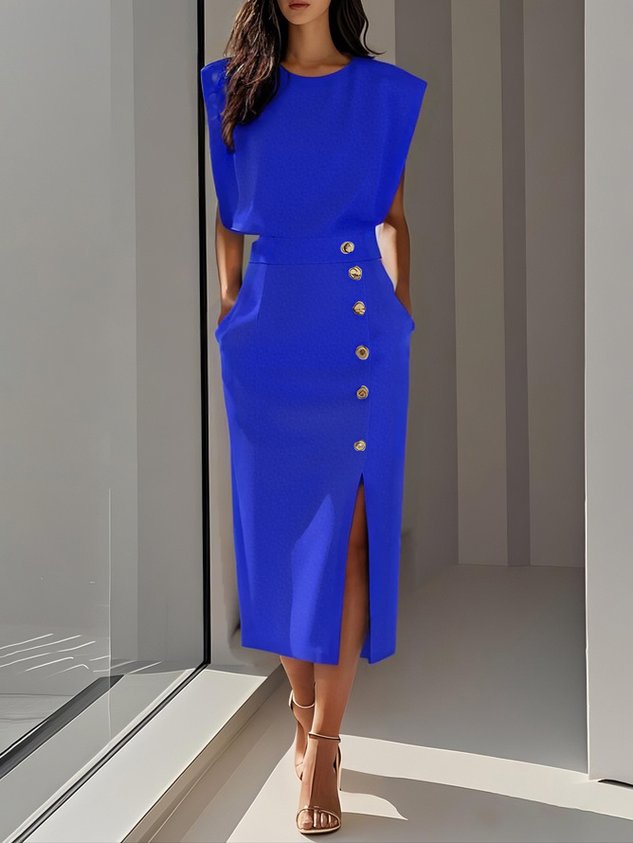 Makeda Sleeveless Midi Dress with Button Front