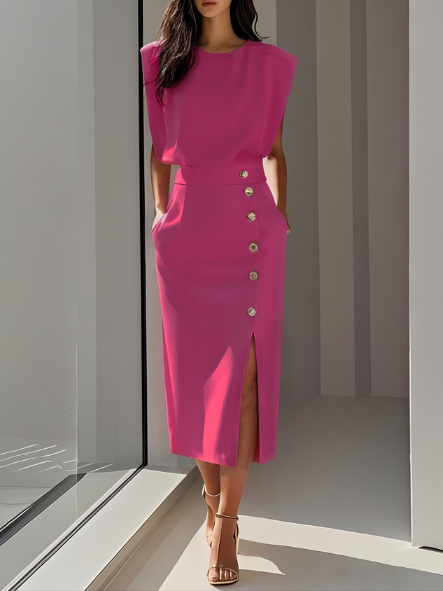Makeda Sleeveless Midi Dress with Button Front