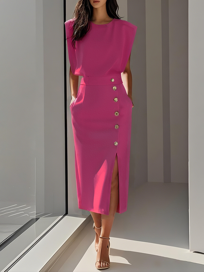 Makeda Sleeveless Midi Dress with Button Front