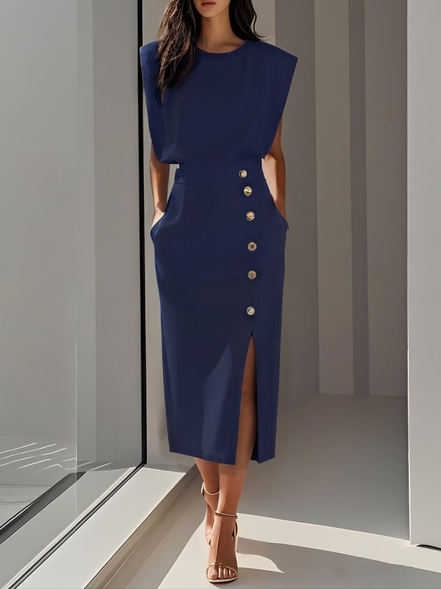 Makeda Sleeveless Midi Dress with Button Front