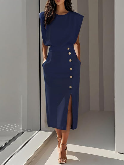 Makeda Sleeveless Midi Dress with Button Front