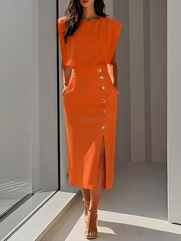 Makeda Sleeveless Midi Dress with Button Front