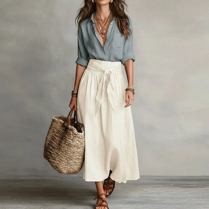 Flourence Midi Skirt Set with Button-Down