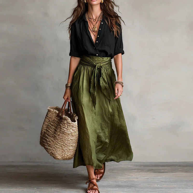 Flourence Midi Skirt Set with Button-Down