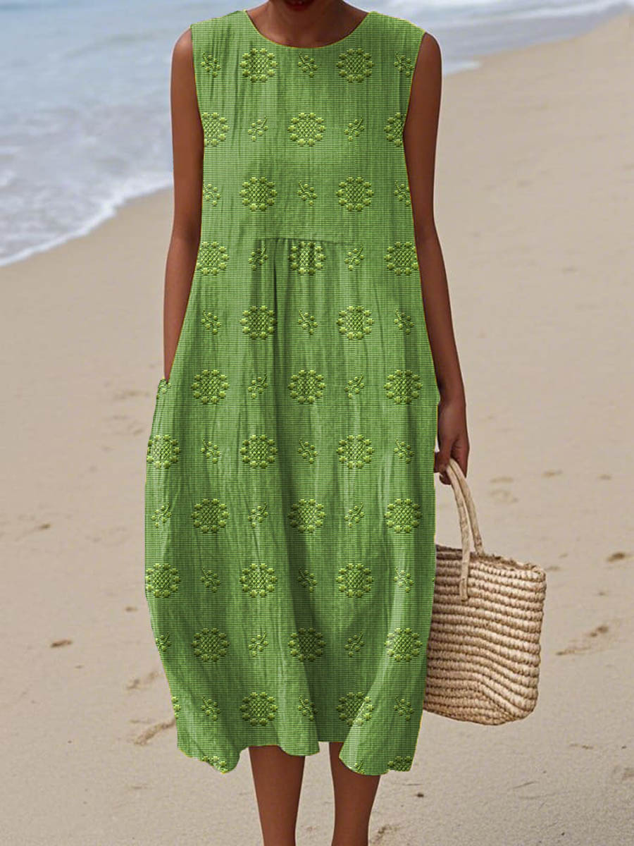 Thuraya Sleeveless A-Line Midi Dress with Round Neck