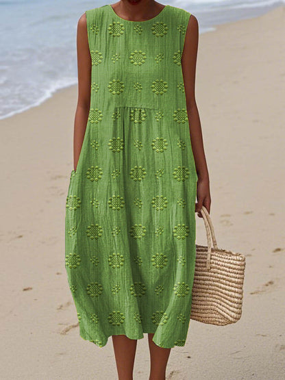 Thuraya Sleeveless A-Line Midi Dress with Round Neck