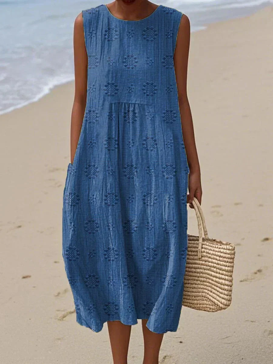 Thuraya Sleeveless A-Line Midi Dress with Round Neck
