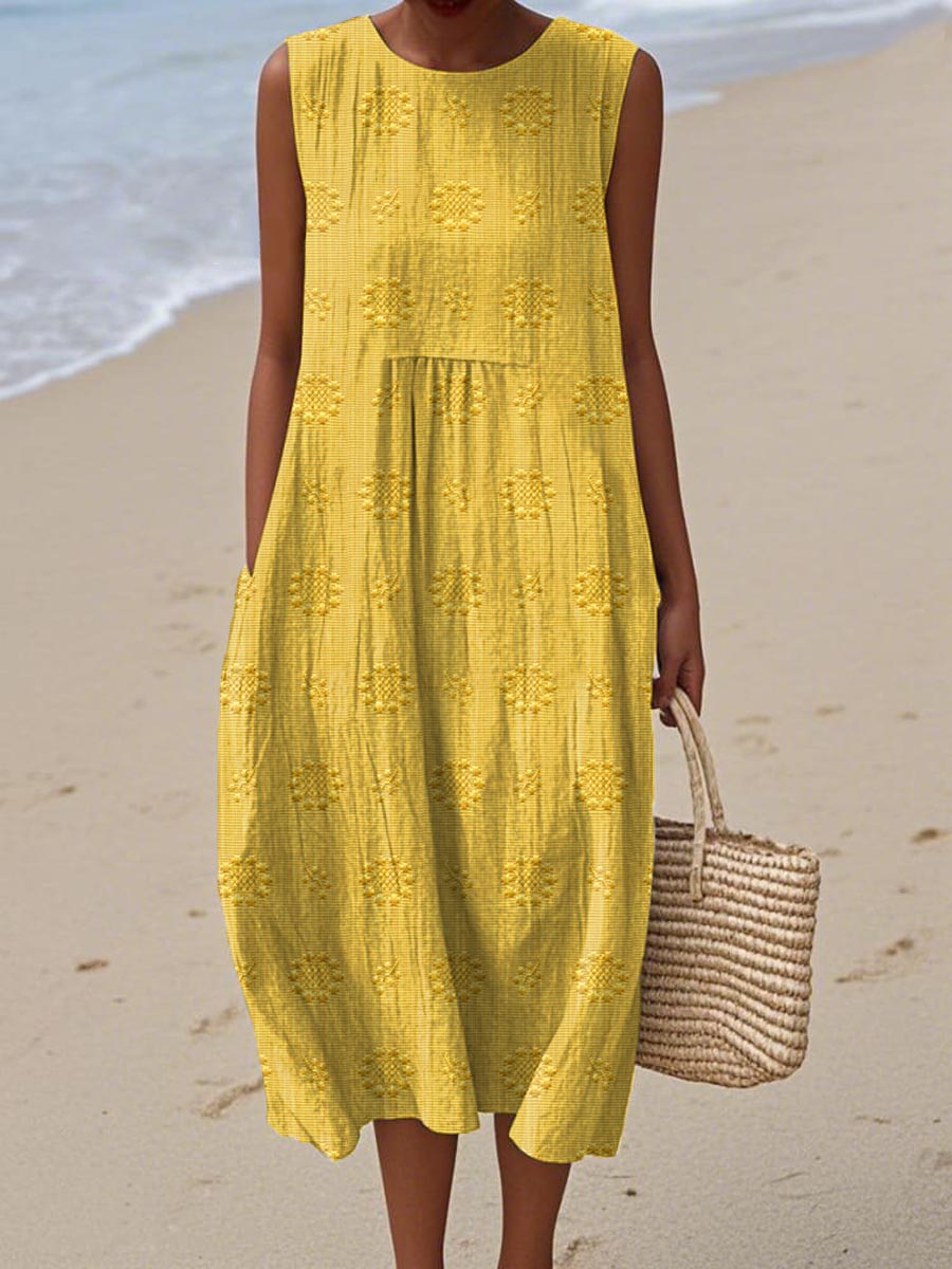 Thuraya Sleeveless A-Line Midi Dress with Round Neck